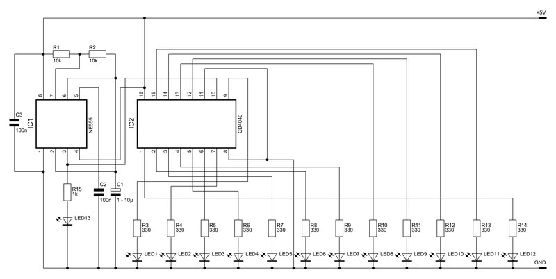 Schaltbild des 12-Bit-Binärzählers mit dem NE555 und dem CMOS4040