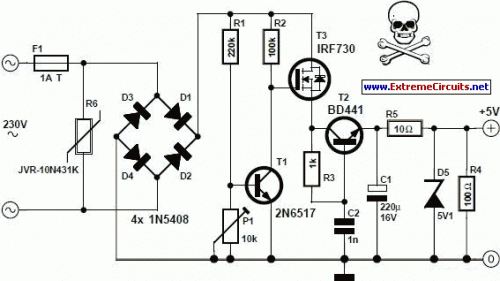 How to build Transformerless 5 Volt Power Supply - circuit diagram