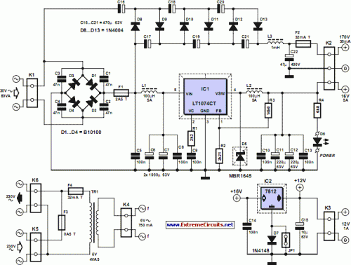 How to build Quad Power Supply For Hybrid Amplifier - circuit diagram