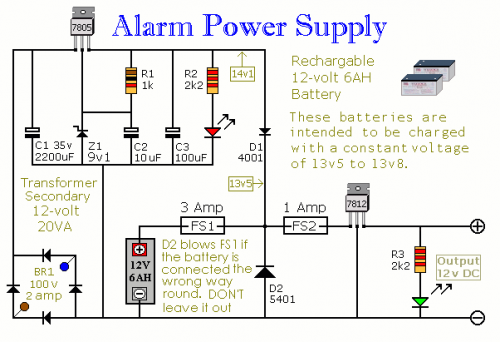How to build An Alarm Power Supply With Battery Back-up - circuit diagram