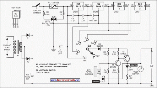 How to build Stablised Power Supply With Short-Circuit Indication - circuit diagram