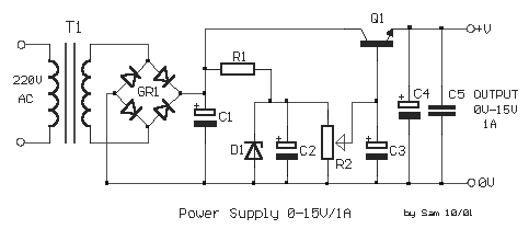 How to build Power Supply 0-15V / 1A - circuit diagram