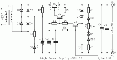 How to build Power Supply +50V 3A stabilized and regulated - circuit diagram