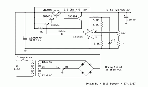 How to build Variable 3 - 24 Volt / 3 Amp Power Supply - circuit diagram