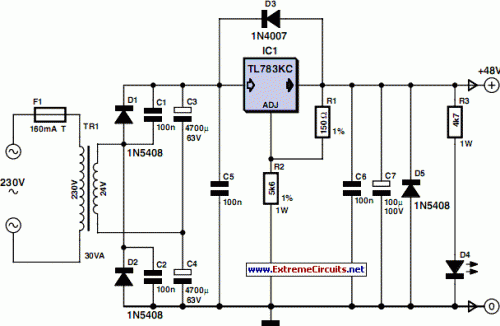 How to build 48V Phantom (Microphone) Power Supply - circuit diagram