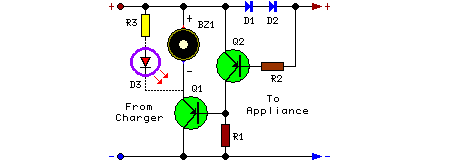 How to build Broken Charger Connection Alarm Circuit - circuit diagram