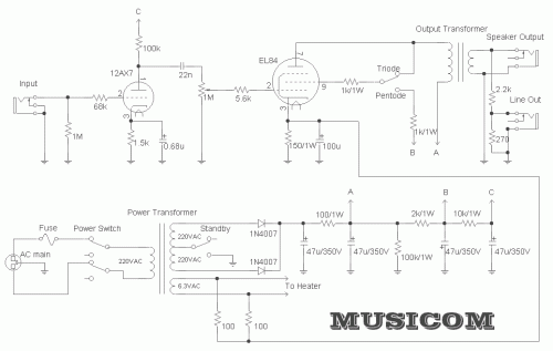 How to build Tube power amplifier 5W with EL84 - circuit diagram