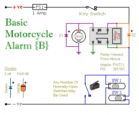 How to build Two Simple Relay Based Motorcycle Alarms - circuit diagram