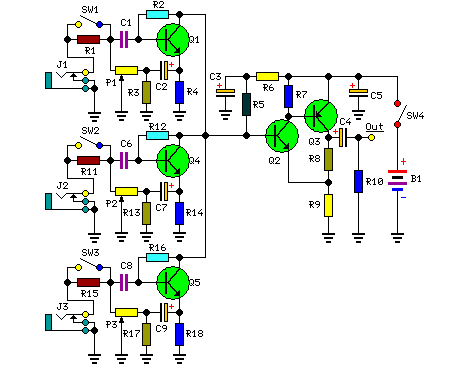 How to build Three Channel Audio Mixer Circuit - circuit diagram