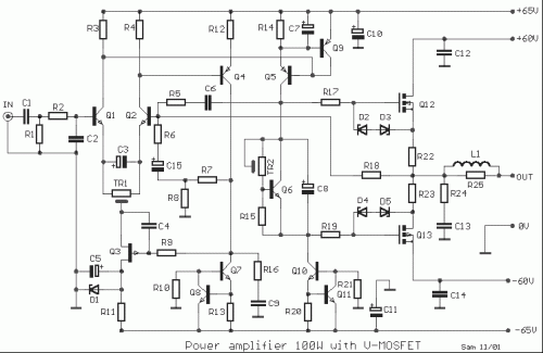 How to build Power amp 100W with V-MosFet - circuit diagram
