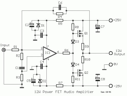 How to build FET 12W Audio Power Amplifier - circuit diagram