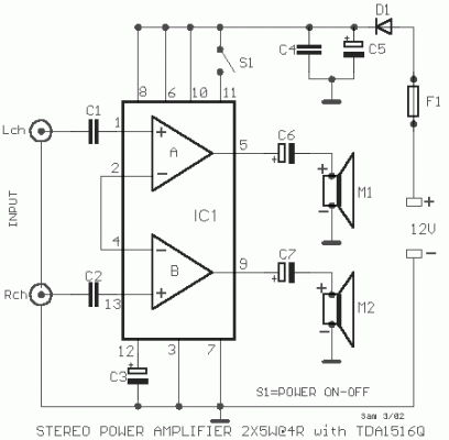 How to build Power amplifier 2X5W with TDA1516Q - circuit diagram