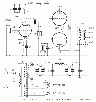 How to build Tube power amplifier 3W with 6BX7 - circuit diagram