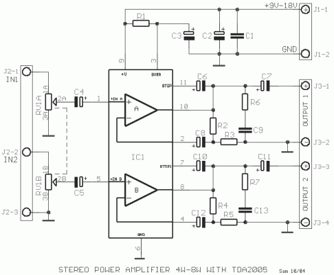How to build Stereo Power Amplifier 4W-8W with TDA2005 - circuit diagram