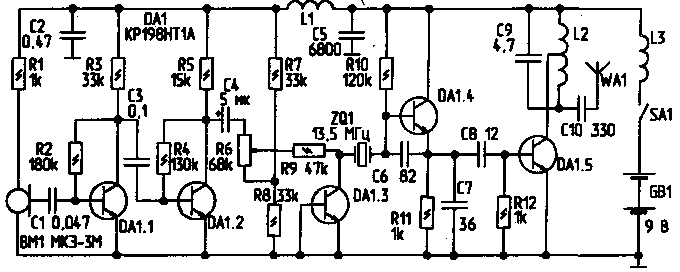 Схема радиомикрофона на одной микросхеме